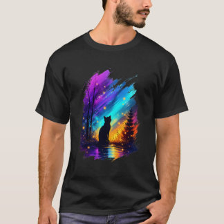 Mystieke Kattensilhouet Noorderlicht Zwart T-shirt