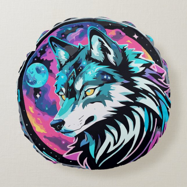 Mystieke Kosmische Wolf Ronde Kussen (Voorkant)