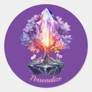 Mystieke Kristalboom Paarse Edelsteen Fantasie Kun Ronde Sticker