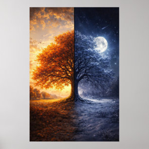Mystieke Kunst Eikenboom Dag Nacht Winter Herfst Poster