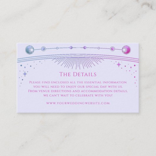 Mystieke Lavendel Roze Bruiloft Details Zon Maan Informatiekaartje (Voorkant)