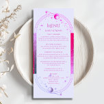 Mystieke Lavendel Roze Zon Maan Astronomie Bruilof Menu<br><div class="desc">Mystical Lavender Pink Sun Moon Stars Astronomy Celestial Galaxy Cosmic Wedding Cards heeft een zon, maan en sterren met een roze en paarse lijst op een pastel lavendel achtergrond met uw menugegevens in het midden in het moderne roze kalligrafie script. Personaliseer door de tekst in de tekstvakken te bewerken. Ontworpen...</div>