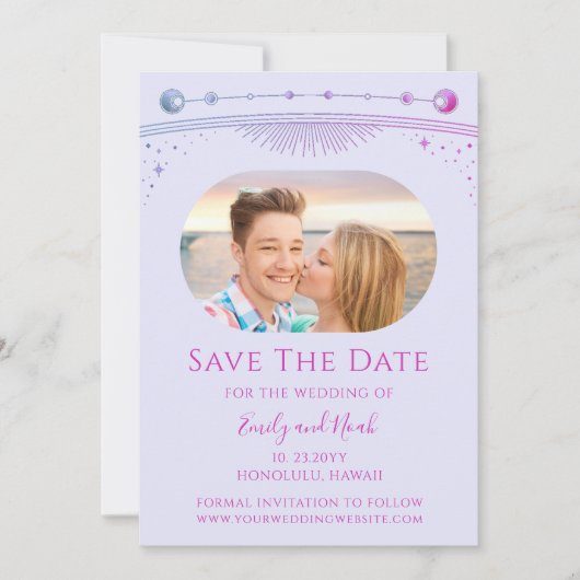 Mystieke Lavendel Roze Zon Maan Star Space Save The Date (Voorkant)