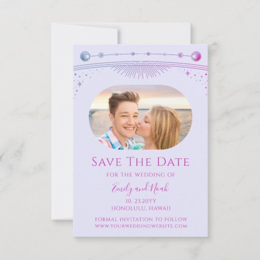 Mystieke Lavendel Roze Zon Maan Star Space Save The Date (Voorkant)