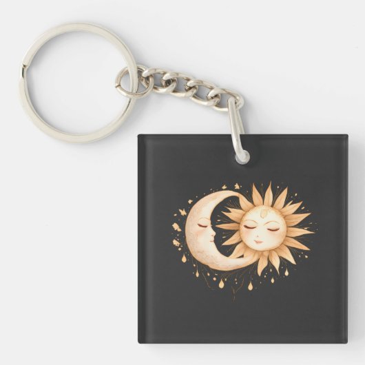 Mystieke Maan en Zon Celestiaals Boho Stijl Sleutelhanger (voorkant)