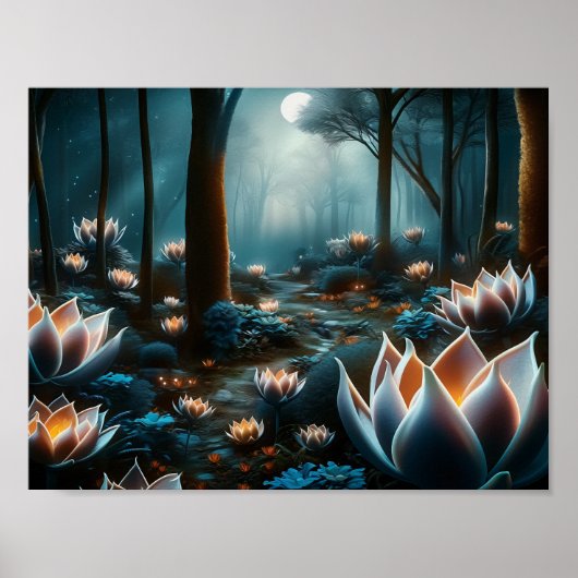 Mystieke Maan Tuin: Verlichte Bloemen Poster (Voorkant)