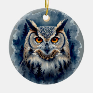 Mystieke Maanuil Watercolor Kunst | Hemels Bos Keramisch Ornament