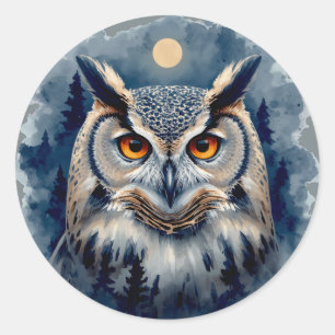 Mystieke Maanuil Watercolor Kunst Hemels Bos Ronde Sticker