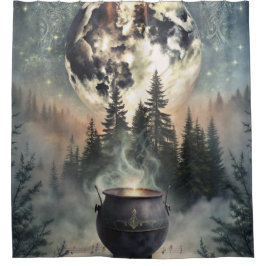 Mystieke Maanverlichte Bosketel - Hekserij Magisch Douchegordijn