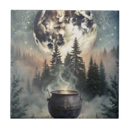 Mystieke Maanverlichte Bosketel - Hekserij Magisch Tegeltje