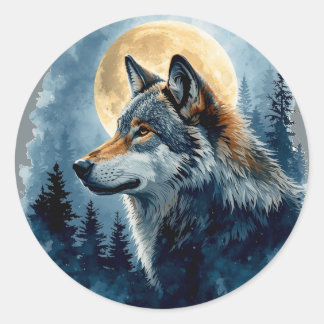 Mystieke Maanwolf Watercolor Kunst | Hemels Bos Ronde Sticker