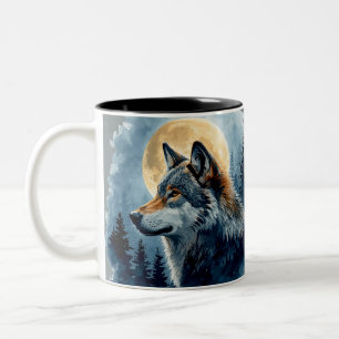 Mystieke Maanwolf Watercolor Kunst   Hemels Bos Tweekleurige Koffiemok