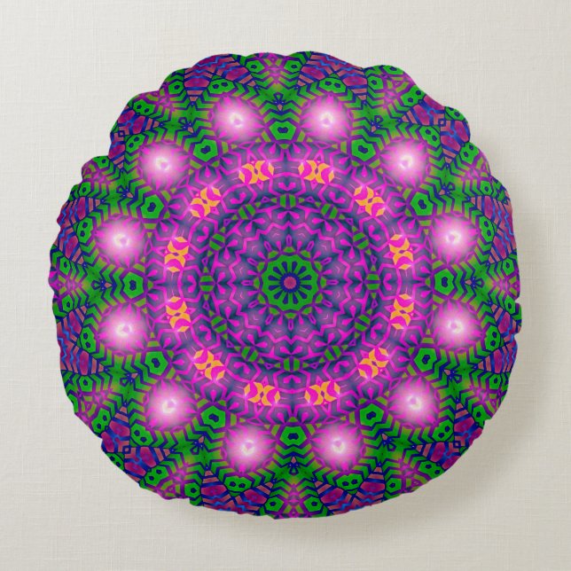 Mystieke Mandala Groen Paarse Ronde Kussen (Voorkant)