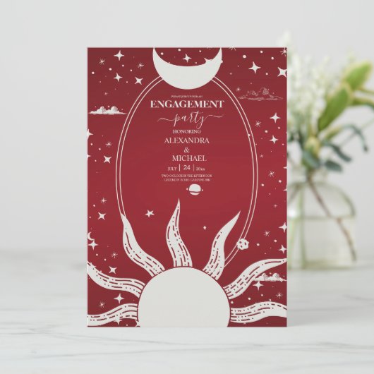 Mystieke Marsala en Zilveren Zon Maan Bruiloft Kaart (Staand voorkant)