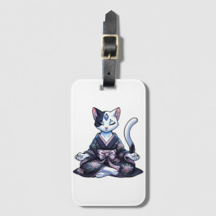 Mystieke Mediterende Kat in Bloemige Kimono Bagagelabel