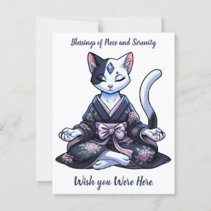 Mystieke Mediterende Kat in Bloemige Kimono Briefkaart