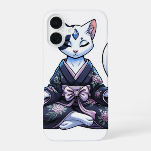 Mystieke Mediterende Kat in Bloemige Kimono iPhone 16 Hoesje