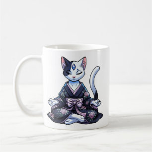 Mystieke Mediterende Kat in Bloemige Kimono Koffiemok