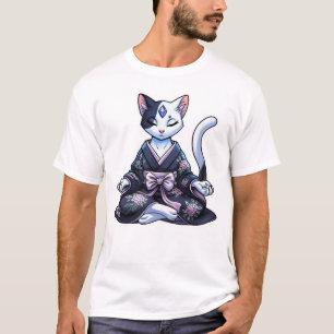 Mystieke Mediterende Kat in Bloemige Kimono T-shirt