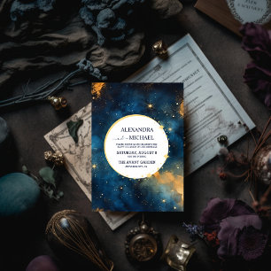 Mystieke Middernacht Blauwe en Gouden Waterverf Br Kaart