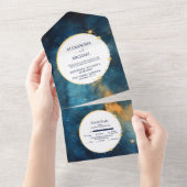 Mystieke Middernachtblauw en Goud Aquarel Bruiloft All In One Uitnodiging (Afscheurbaar)