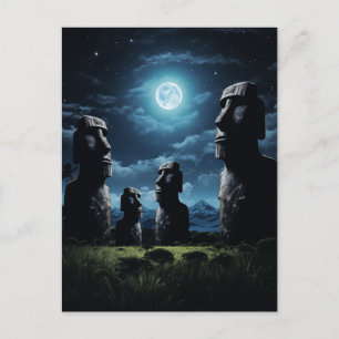Mystieke Moai onder het maanlicht - Paaseiland Feestdagenkaart