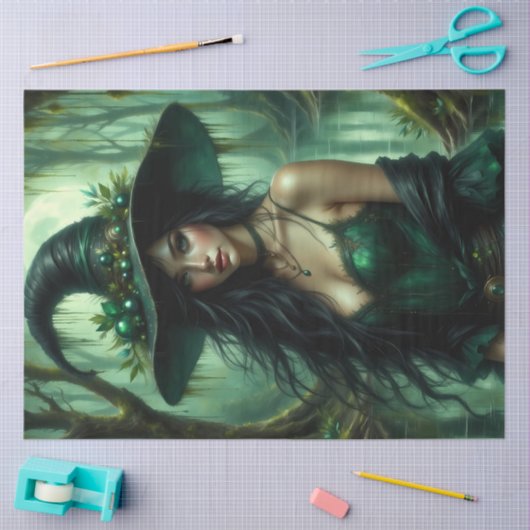 Mystieke moerasheks in smaragdgroen betoverd tissuepapier (Craft)