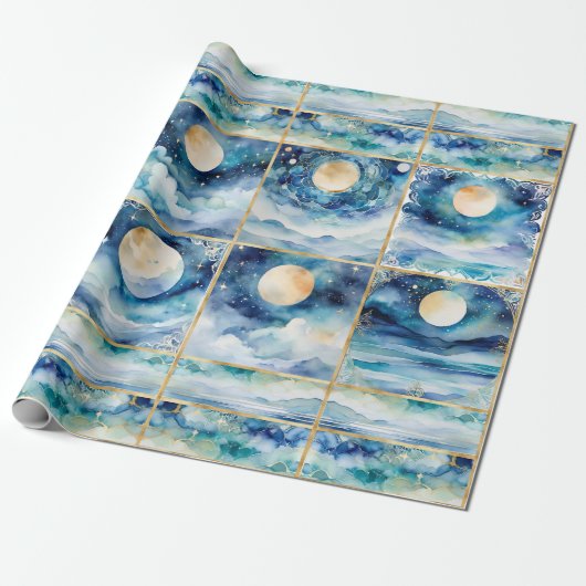 Mystieke Moonlight Stars Ocean Blue Zee Decoupage Cadeaupapier (Uitgerold)