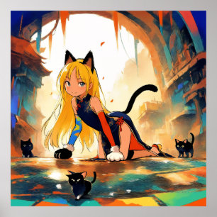 Mystieke Neko Meisje & Kittens Anime Poster