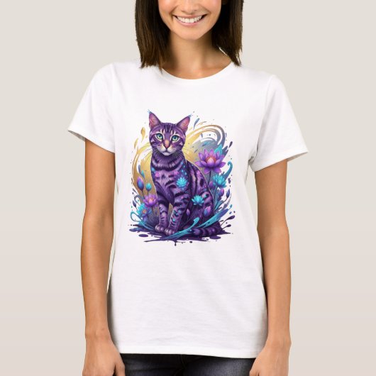 Mystieke Neon Cat Lotus Art T-shirt (Voorkant)