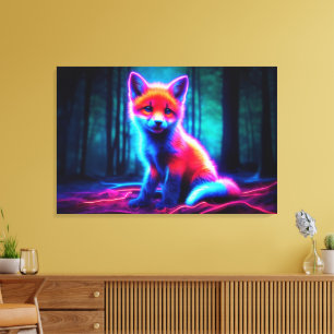 Mystieke neon vos in gloeiend betoverd bos canvas afdruk