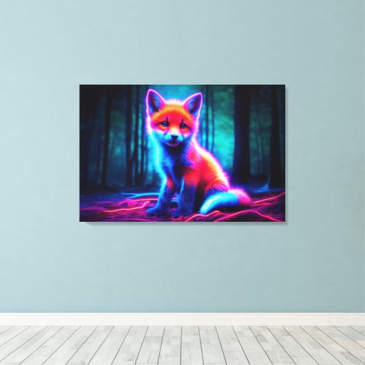 Mystieke neon vos in gloeiend betoverd bos canvas afdruk (Insitu (Houten vloer))