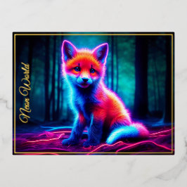 Mystieke neon vos in gloeiend betoverd bos folie feestdagen briefkaart
