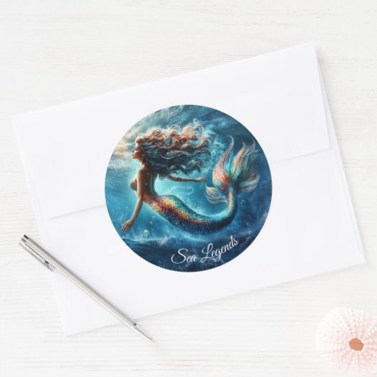 Mystieke oceaan zeemeermin sirene's kleurrijke sta ronde sticker (Envelop)