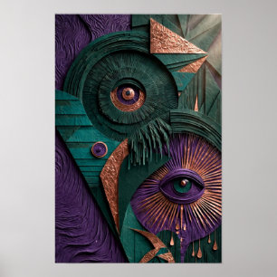 Mystieke Oracle Ogen Reliëf - 3D Smaragd Paars  Poster