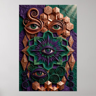 Mystieke Oracle Ogen Reliëf - 3D Smaragd Paars Poster
