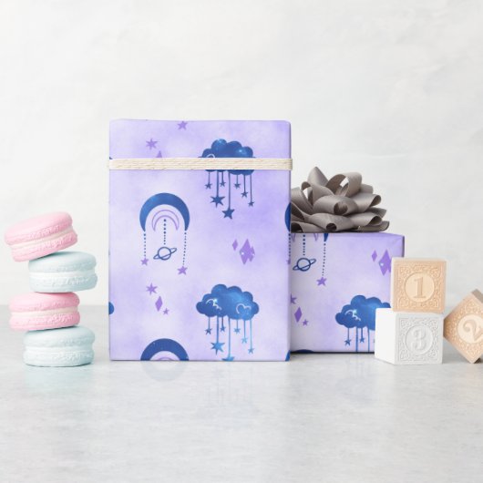 Mystieke Outer Space Night Sky Paarse Patroon Cadeaupapier (Baby Shower)