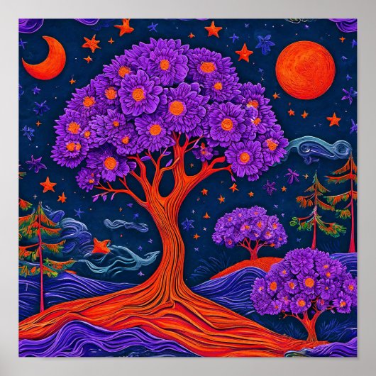 Mystieke Paarse Boom Droomachtige Fantasie Muurkun Poster (Voorkant)