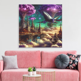 Mystieke Paarse futuristische fantasiestad Canvas Afdruk