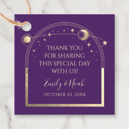 Mystieke Paarse Gouden Zon Maan Sterren Bruiloft Bedankjes Labels (Voorkant)