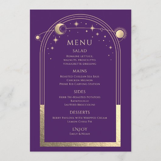Mystieke Paarse Gouden Zon Maan Sterren Bruiloft Menu (Voorkant)