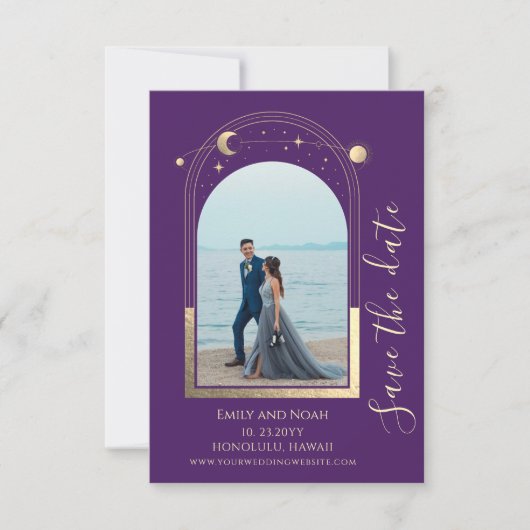 Mystieke Paarse gouden zon maan sterren ruimte Save The Date (Voorkant)