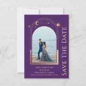 Mystieke Paarse gouden zon maan sterren ruimte Save The Date (Voorkant)