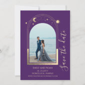 Mystieke Paarse gouden zon maan sterren ruimte Save The Date (Voorkant)