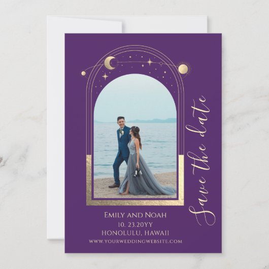 Mystieke Paarse gouden zon maan sterren ruimte Save The Date (Voorkant)