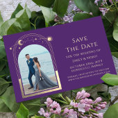 Mystieke Paarse gouden zon maan sterren ruimte Save The Date