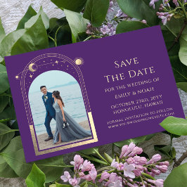 Mystieke Paarse gouden zon maan sterren ruimte Save The Date