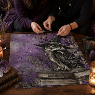 Mystieke Paarse Heksen Uil Kunst Aangepaste Naam Legpuzzel