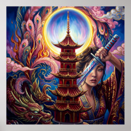 Mystieke Pagode Kunstprint – Surrealistische Spiri Poster