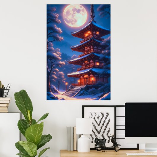 Mystieke Pagode Onder de Maanhemel Poster (Thuiskantoor)